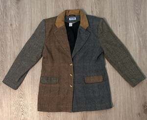 Vintage Women QPS Wool-Blend Herringbone Patchwork Blazer Jacket